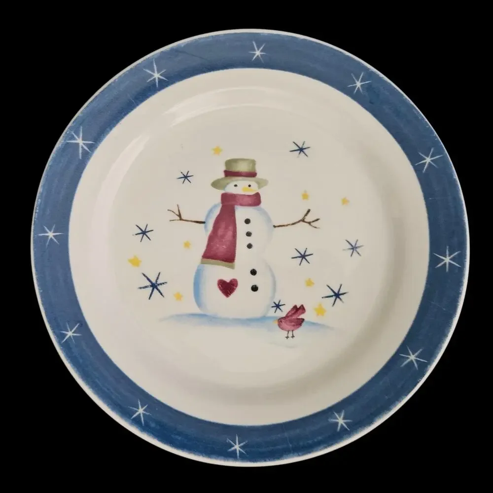 Snowman Winter Holiday Salad Plates Blue Rim Made in China Set of 3
